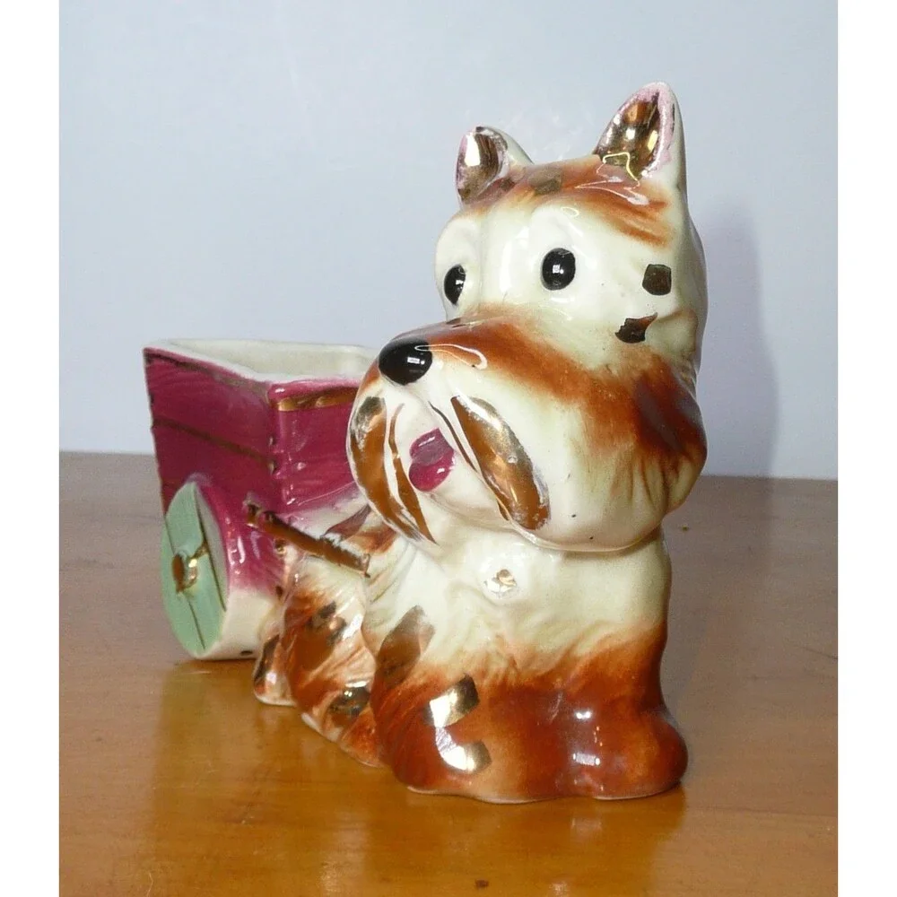 VTG MCM Scottie Terrier Dog Planter Vintage Royal Copley Wagon Cart Gold Trim